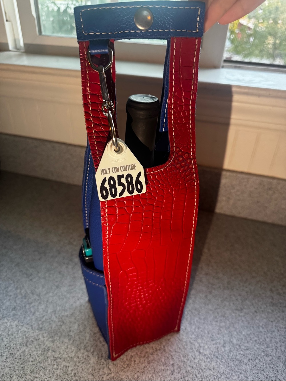 HOLY COW COUTURE Red and Blue Faux-Croc Leather Bottle Tote
